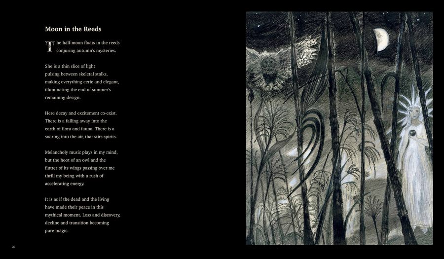 Moon in the Reeds &mdash; poem and illustration by Sherry L. Ross, pages 96 and 97 of Wonderment