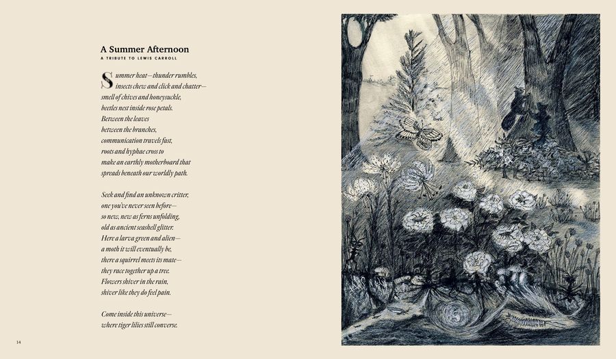 A Summer Afternoon, a tribute to Lewis Carroll &mdash; poem and illustration by Sherry L. Ross, pages 14 and 15 of Wonderment